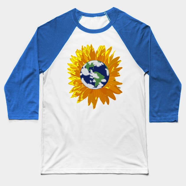 Sunflower with Green and Blue Planet Earth Center Baseball T-Shirt by ellenhenryart